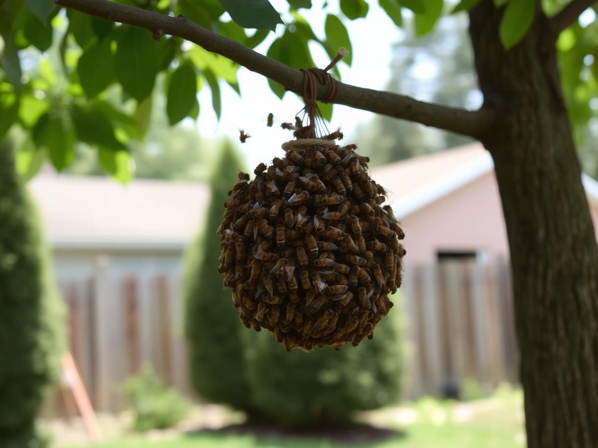 Honey bee swarm clustered on a backyard tree branch